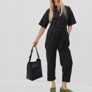 Everlane The Fatigue Short-Sleeve Jumpsuit Crop Belted Organic Cotton Black 2